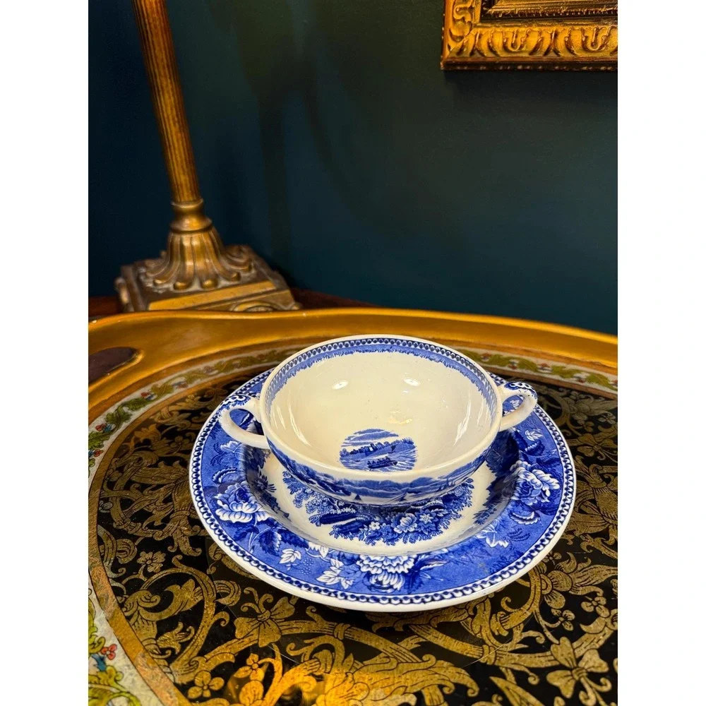 Wedgwood Landscape of Etruria Blue Transferware Saucer & Double-Handled Bowl‎